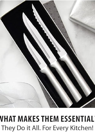Rada Cutlery 3-Piece Cooking Essentials Knife Gift Set (S49), Stainless Steel Hollow Ground Blades, Made in USA, Silver Handles