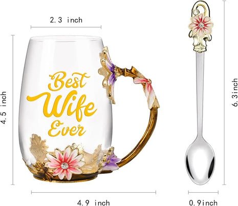 OEAGO Gifts for Wife from Husband Romantic Tea Cup Gifts for Her Birthday Flower Glass Mugs Wedding Mothers Day Christmas Anniversary
