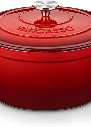 vancasso 6 QT Enameled Cast Iron Dutch Oven with Lid, Dual Handles for Bread Baking, Heavy-duty Round Dutch Oven, Non Stick Coating, All Heat Source, Red