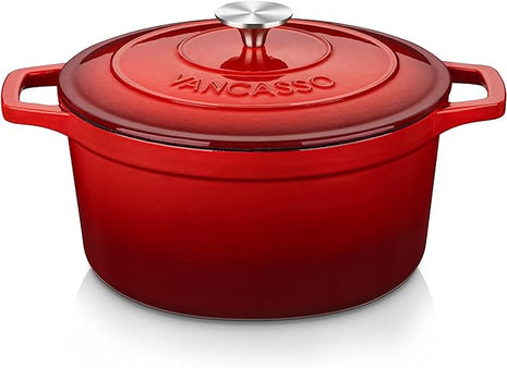 vancasso 6 QT Enameled Cast Iron Dutch Oven with Lid, Dual Handles for Bread Baking, Heavy-duty Round Dutch Oven, Non Stick Coating, All Heat Source, Red