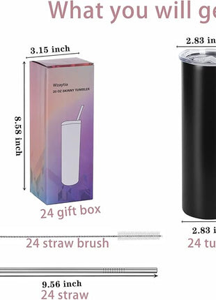 24 Pack 20 Oz Straight Skinny Tumblers,Individually Gift Boxed Stainless Steel Slim Skinny Tumbler Set Bulk, 20 Oz Insulated Slim Thin Travel Tumbler Cup for Diy, Black