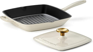 Tramontina Bestow Enameled Cast Iron Grill Pan with Press, 11-inch, Latte with Gold Knob