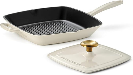 Tramontina Bestow Enameled Cast Iron Grill Pan with Press, 11-inch, Latte with Gold Knob