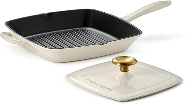Tramontina Bestow Enameled Cast Iron Grill Pan with Press, 11-inch, Latte with Gold Knob