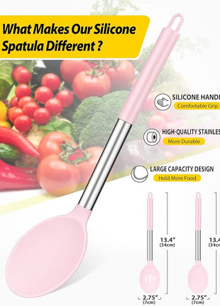 Pack of 2 Large Silicone Cooking Spoons,Non Stick Solid Basting Spoon,Heat-Resistant Kitchen Utensils for Mixing,Serving,Draining,Stirring (PINK)