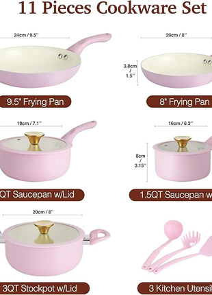 Pots and Pans Set Non Stick, Pink Ceramic Cookware Set, 11-Piece Induction Cookware, Non Toxic Healthy Kitchen Cooking Set, Gold Knobs Lids, Stay-Cool Handles