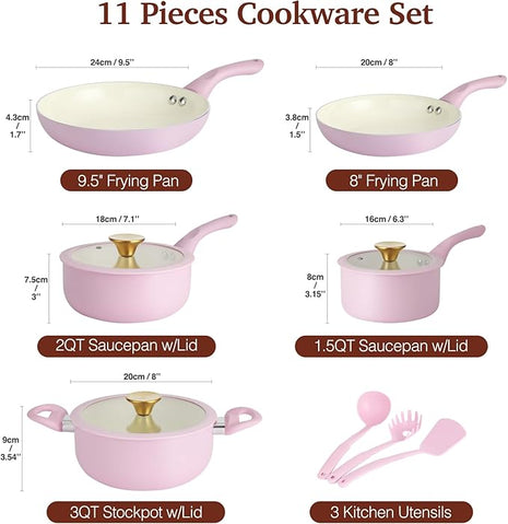 Pots and Pans Set Non Stick, Pink Ceramic Cookware Set, 11-Piece Induction Cookware, Non Toxic Healthy Kitchen Cooking Set, Gold Knobs Lids, Stay-Cool Handles