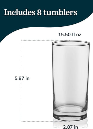 Libbey Heavy Base Drinking Glasses Set of 8, 15.5 Oz Elegant, Weighted Clear Water Glasses, Dishwasher Safe Glass Cups Set for Parties, Birthdays