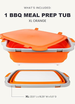 Drip EZ Collapsible BBQ Prep Tub - For Meal Prep Marinating Food Storage - Includes Cutting Board & Locking Lid - (1) XL - Orange