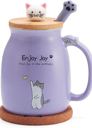 Cute Cat Cup Ceramic Coffee Mug with Kawaii Cat Wooden Lid, Lovely Stainless Steel Spoon, Anime Kitty Thicken Wooden Coaster, Christmas Birthday Cute Thing Japanese Mug 16oz (Purple)