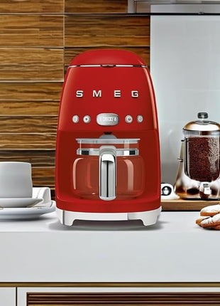 Smeg 50's Retro Style Aesthetic Drip Coffee Machine with 10 Cup Glass Carafe, Auto Start Feature, Keep Warm Plate, and Two Coffee Strength Settings (Red)