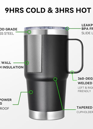 20 oz Stainless Steel Tumbler with Handle Metal Insulated Coffee Travel Mug with Handle Double Wall Tumbler Cup with Lid and Straw, 12 packs(1, NEW Black)
