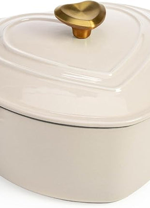 Paris Hilton Enameled Cast Iron Dutch Oven Heart-Shaped Pot with Lid, Dual Handles, Works on All Stovetops, Oven Safe to 500°F, 2-Quart, Cream