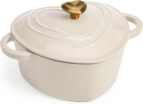 Paris Hilton Enameled Cast Iron Dutch Oven Heart-Shaped Pot with Lid, Dual Handles, Works on All Stovetops, Oven Safe to 500°F, 2-Quart, Cream