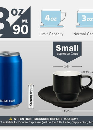 Lareina 3-Ounce Espresso Cups Set of 4, Small Stackable Coffee Cups with Saucers, Spoons and Metal Stand, Ceramic Demitasse Mugs, Espresso Accessories for Machine, Black