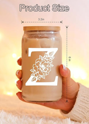 Coolife Initial Glass Cup, Monogrammed Gifts for Women, 16 oz Glass Cups w/Lids Straws, Iced Coffee Smoothie Beer Tumbler w/Straw Lid - Personalized Christmas, Birthday Gifts for Her Mom Friend Woman