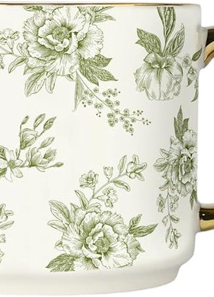 Sweet Water Decor Green Delft Coffee Mug, Vintage Green Floral Design with Gold Handle & Rim, 14oz Fine Bone China Tea Cup, Cute Gifts for Mother's Day, Baby Shower, Christmas & Mom's Birthday