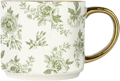 Sweet Water Decor Green Delft Coffee Mug, Vintage Green Floral Design with Gold Handle & Rim, 14oz Fine Bone China Tea Cup, Cute Gifts for Mother's Day, Baby Shower, Christmas & Mom's Birthday
