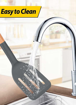 Pack of 2 Silicone Cooking Spatula, Heat Resistant Solid Turner, Non Stick Slotted Spatulas with Wooden Short Handle,Ideal Wood Kitchen Utensils Set for Frying, Baking, Flipping, Turning