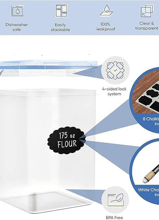 Chef's Path Extra Large Airtight Food Storage Containers with Blue Lid Color, Pack of 6, Kitchen and Pantry Canisters for Flour, Sugar, and Baking Supplies, Includes Measuring Spoons, Labels, and Pen