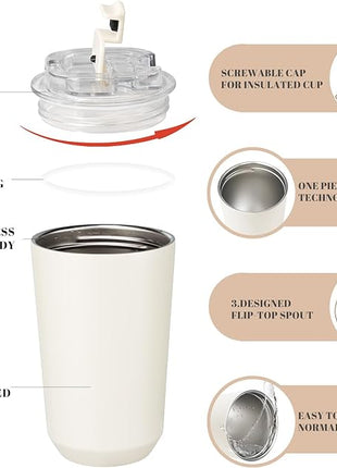 Puraville Insulated Tumblers with Lid, 14 oz Travel Coffee Mug Stainless Steel Vacuum Cup, Leak Proof Reusable Double Walled Coffee Tumbler for Iced and Hot Drinks, Cream