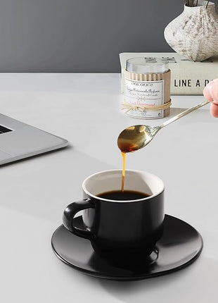 Lareina Porcelain 3-Ounce Espresso Cups Set of 6, Small Stackable Coffee Cups with Saucers, Spoons and Metal Stand - Ceramic Demitasse Mugs, Double Shots Expresso Cup, Matte Black