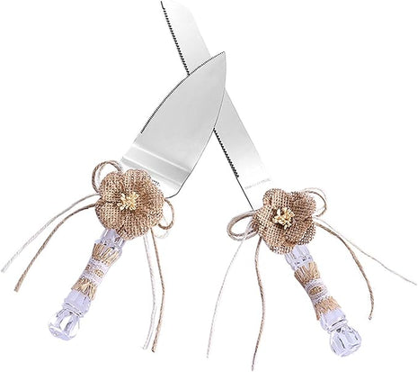 TANG SONG Set of 2 Rustic Wedding Cake Knife and Serving Set with Burlap Flower and Lace Wedding Cake Knife (Set of 2)