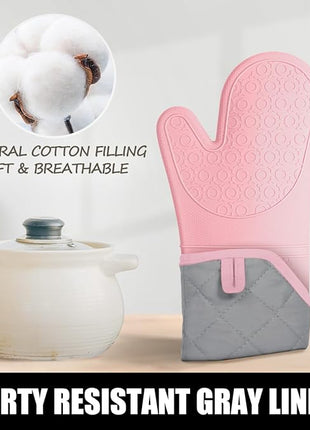 Rorecay 6pcs Oven Mitts and Pot Holders Sets for Kitchen, Extra Long Non-Slip Silicone Oven Gloves Heat Resistant 500 Degrees Potholders Hot Pads for Baking Cooking, Quilted Liner, Pink