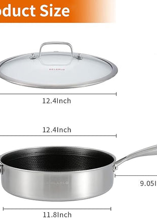 DELARLO Frying Pan,12 inch Tri-Ply Stainless Steel Skillet,6 Quart Saute Pan with lid, Compatible with All Cooktops,Oven Up to 660℉,Chicken Fryer,Dishwasher-Friendly