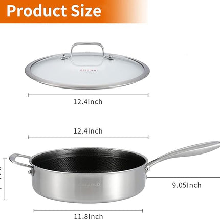 DELARLO Frying Pan,12 inch Tri-Ply Stainless Steel Skillet,6 Quart Saute Pan with lid, Compatible with All Cooktops,Oven Up to 660℉,Chicken Fryer,Dishwasher-Friendly