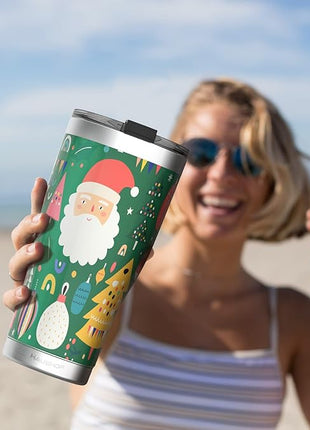HAUSHOF 20oz Christmas Tumbler, Stainless Steel and Double Wall Insulated Travel Coffee Mug with Lid, Good Choice for Christsmas Gifts-Deep Green with Santa Claus