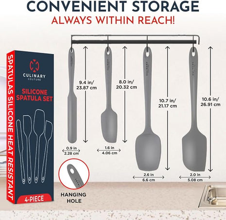 4-Piece Grey Baking Spatula Set - Holiday Baking Essentials, Rubber Spatulas Silicone Heat Resistant, BPA-Free - Spatula Set for Nonstick Cookware - Silicone Baking Utensils