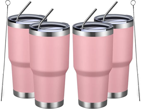 MEWAY 30oz Insulated Tumbler With Lids and Straws,Stainless Steel Double Vacuum Coffee Tumbler Cup, Brush, Durable Powder Coated Coffee Cup for Cold & Hot Drinks, Office, Travel(Pink,4 PACK)