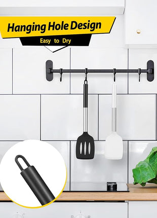 Pack of 2 Silicone Solid Turner, Non Stick Slotted Kitchen Spatulas, High Heat Resistant BPA Free Cooking Utensils, Ideal Cookware for Fish, Eggs, Pancakes(Black-White)