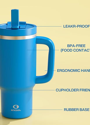 32 oz Tumbler with Handle and Straw: Stainless Steel Insulated Tumbler Keeps Cold for 24 Hours, Leakproof Travel Cup Fits in Cup Holder and BPA-Free,Celtic Blue