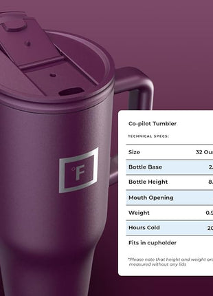 IRON °FLASK Co-Pilot Insulated Mug w/Straw & Flip Cap Lids - Cup Holder Bottle for Hot, Cold Drink - Leak-Proof - Water, Coffee Portable Travel Mug - Burgundy, 32 Oz