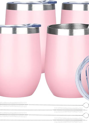MEZMUT 12 Oz Insulated Wine Tumbler with Lid Double Wall Vacuum Stainless Steel Wine Glass Coffee Mug Insulated Tumbler Cup for Champaign, Cocktail, Beer (Pink, 4 Pack)