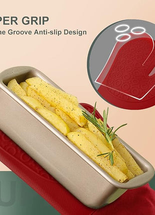 sungwoo Extra Long Silicone Oven Mitts, Heat Resistant Oven Gloves with Quilted Liner Non-Slip Textured Grip Perfect for BBQ, Baking, Cooking and Grilling - 1 Pair 14.6 Inch Empire Red