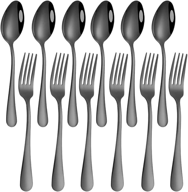 Set of 12, Black Plated Stainless Steel Dinner Forks and Spoons, findTop Heavy-duty Forks (8 Inch) and Spoons (7 Inch) Cutlery Set- Black