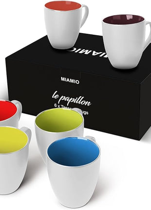 MIAMIO - Set of 6 Stoneware Coffee Mugs 12 Ounce/Cup Set - Le Papillon Collection (White-Colourful)