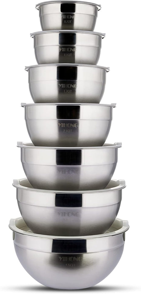 YIHONG Stainless Steel Mixing Bowls Set, 7 Piece Metal Mixing Bowls with Lids Set for Kitchen, Nesting Steel Mixing Bowls Ideal for Baking, Prepping, Cooking, and Serving Food(White)