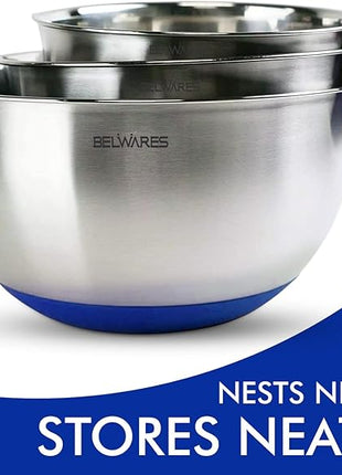 Belwares Mixing Bowls with Lids Set - Nesting Bowls with Graters, Handle, Pour Spout, Airtight Lids - Stainless Steel Non-Slip Mixing Bowl for Cooking, Baking, Prepping, Food Storage (Set of 3)