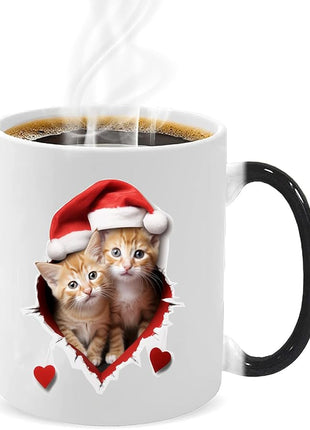 Caliamary Heat Changing Mug, Funny Cat Heat Changing Ceramic Coffee Mug, 11 oz Heat Sensitive Color Changing Coffee Mug Cup, Cute Xmas Gift Mug for Women Men Kids… (Two cats)