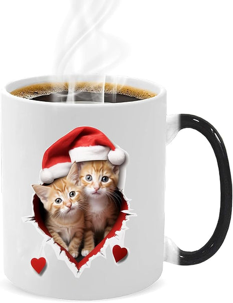 Caliamary Heat Changing Mug, Funny Cat Heat Changing Ceramic Coffee Mug, 11 oz Heat Sensitive Color Changing Coffee Mug Cup, Cute Xmas Gift Mug for Women Men Kids… (Two cats)