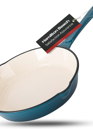 Hamilton Beach Enameled Cast Iron Fry Pan 8-Inch Navy, Cream Enamel Coating, Skillet Pan for Stove Top and Oven