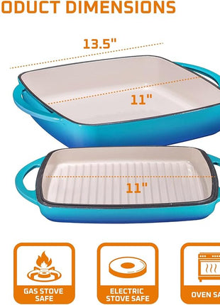 Bruntmor 11" Enameled Cast Iron Cookware - 2-in-1 Square Cast Iron Baking Dish with Lid for Baking, Braising and Roasting - Durable and Nonstick Skillet Dutch Oven with Dual Handles - Caribbean Blue