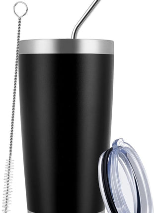 MEWAY 20oz Tumbler Cup Double Wall Vacuum Insulated Travel Mug Bulk, Stainless Steel Tumblers with Lid and Straw, Durable Powder Coated Coffee Cups for Cold & Hot Drinks (Black, 1)