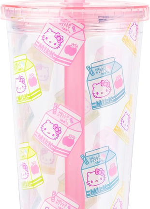 Silver Buffalo Sanrio Hello Kitty Milk Carton Pattern Plastic Boba Tumbler w Lid and Wide Straw, 24 Ounces