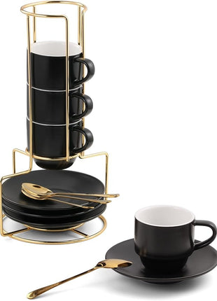 Lareina 3-Ounce Espresso Cups Set of 4, Small Stackable Coffee Cups with Saucers, Spoons and Metal Stand, Ceramic Demitasse Mugs, Espresso Accessories for Machine, Black