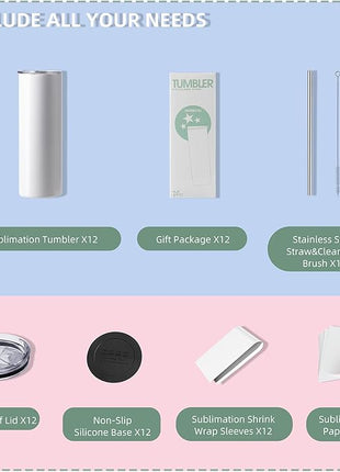 MURRICON Sublimation Tumblers 20 oz Skinny Straight,Stainless Steel Sublimation Blanks Skinny Tumbler,Double Wall Vacuum Insulated Tumblers,with lid and straw,12 Pack